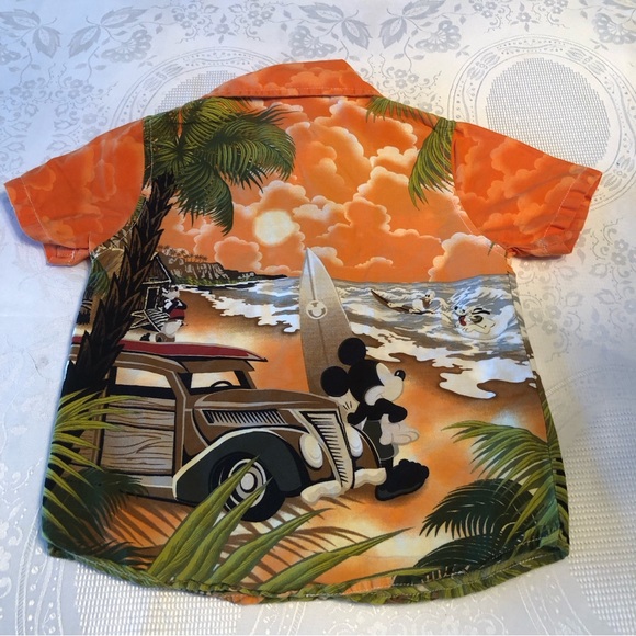 Disney Parks Boys 36M Mickey Mouse Orange Hawaiian Shirt Button-Up Short Sleeves - Picture 10 of 14